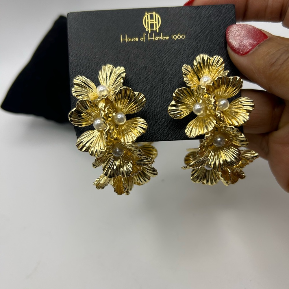 House of Harlow 1960 Gold and Pearls-Floral Statement Earrings-Luxe Designer